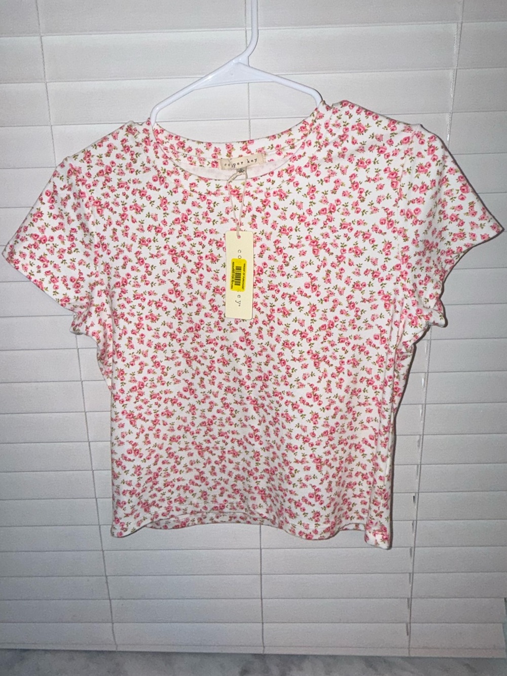Floral Short-Sleeve Crewneck Top - White with Pink Floral